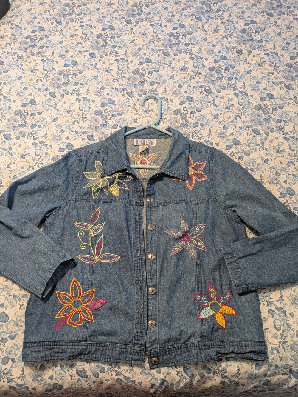 Embroidered Floral Denim Jacket - Blue